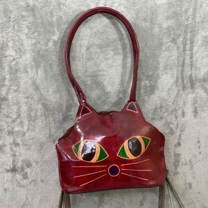 Vintage leather cat purse green eyes zip top w pockets  inside